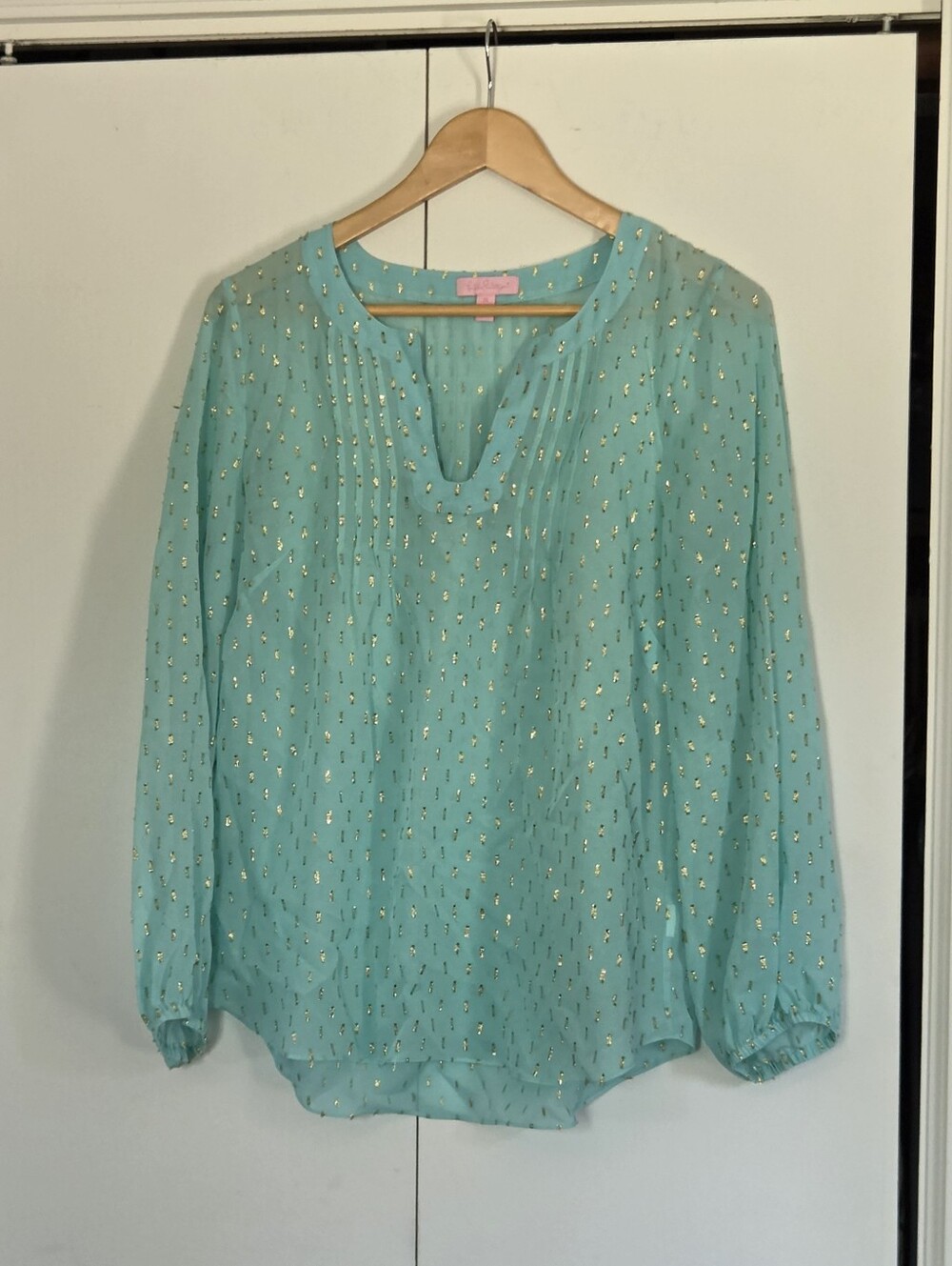 Lilly Pulitzer Aqua Metallic Dot Pintuck Blouse